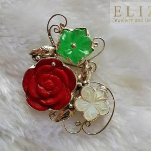 Eliz Sterling Silver 925 Carved Red Coral, Mother of Pearl, Chrysoprase Flower Rose Bouquet Unique design Brooche & PENDANT 2 in1 best gift