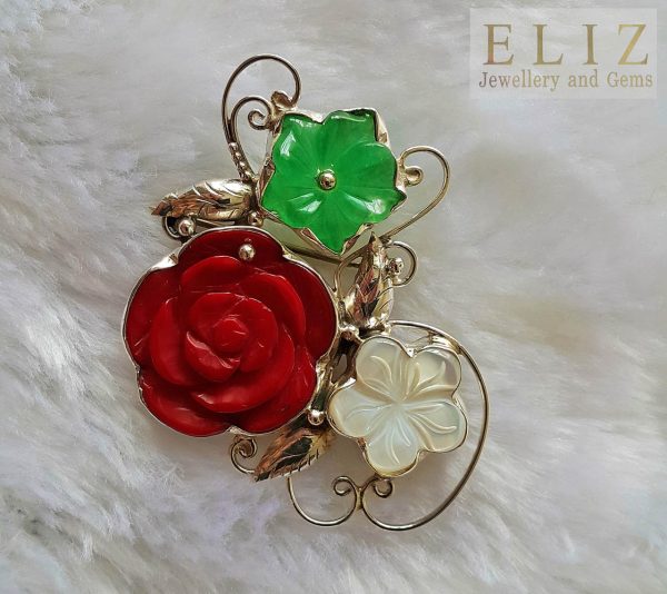 Eliz Sterling Silver 925 Carved Red Coral, Mother of Pearl, Chrysoprase Flower Rose Bouquet Unique design Brooche & PENDANT 2 in1 best gift