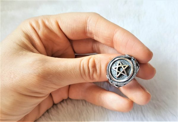 Pentagram Star Ring 925 Sterling Silver Ram's Head Occult Sacred Symbols Gothic Medieval Gift