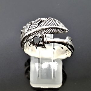 STERLING SILVER 925 Feather Ring Native American Eagle's Feather Black Cubic Zirconia American Indian Adjustable Ring Talisman