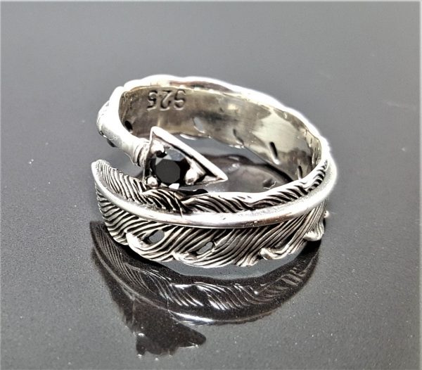 STERLING SILVER 925 Feather Ring Native American Eagle's Feather Black Cubic Zirconia American Indian Adjustable Ring Talisman