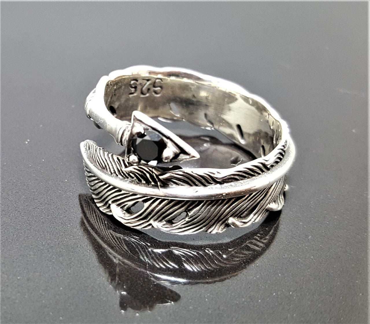STERLING SILVER 925 Feather Ring Native American Eagle's Feather Black ...