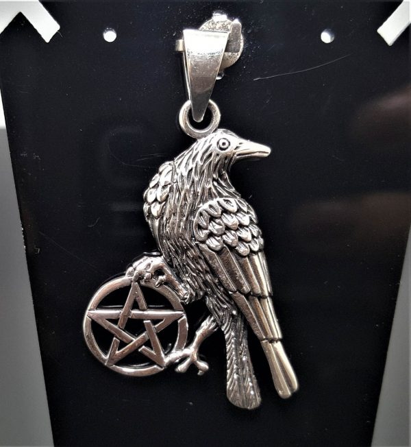 STERLING SILVER 925 Raven Pentagram Pendant Pentacle Five Pointed Star Occult Symbols Totem Animal Talisman Amulet