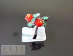 925 Sterling Silver Ring Bouquet of Genuine Red Coral Roses & Emerald Exclusive design one of a kind SZ 7.5