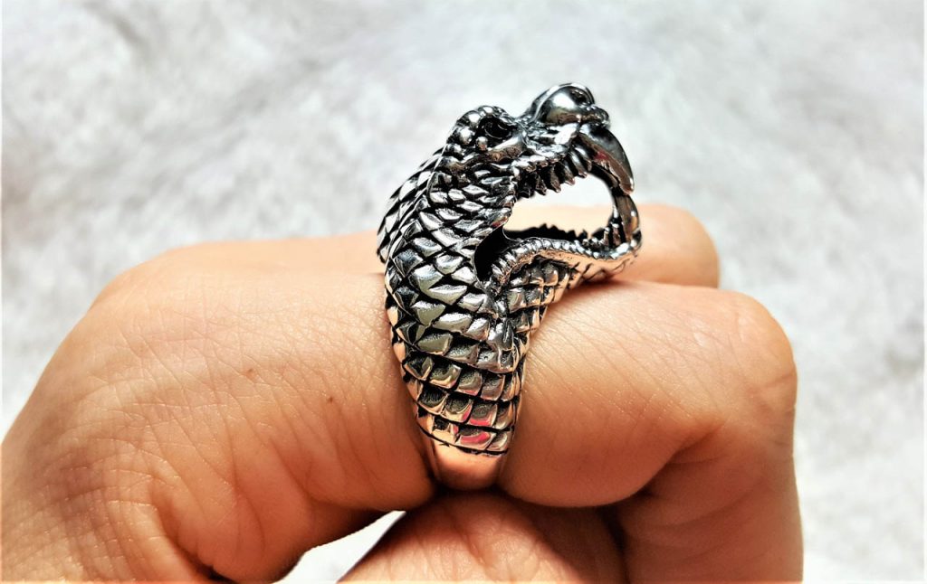 Snake Ring 925 Sterling Silver Large Viper SNAKE Black Onyx