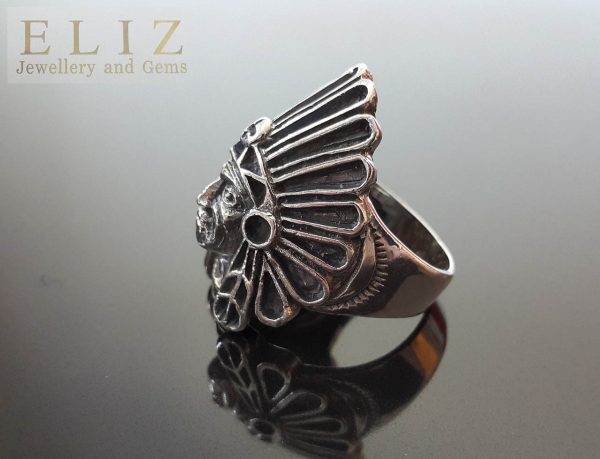 Eliz 925 Sterling Silver Handmade American Indian Chief Ring Exclusive Design Talisman Amulet 15 grams