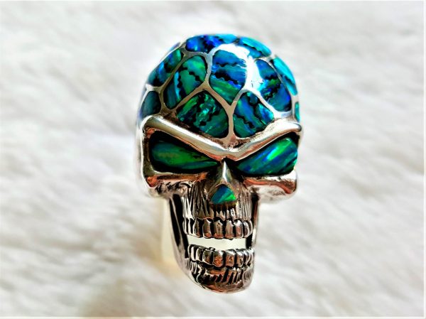 Sterling Silver 925 Skull Ring OPAL Rock Punk Biker Stunning Handmade Exclusive 26 GRAMS