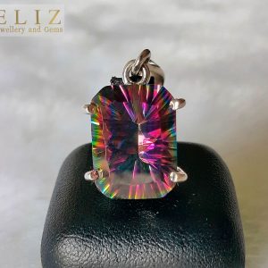 Eliz Sterling Silver Mystic Quartz Mysterious Octogon Natural Gemstone Pendant Talisman Magic Amulet