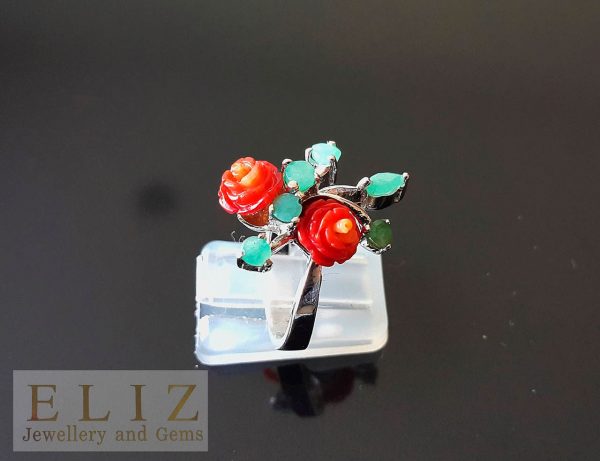 925 Sterling Silver Ring Bouquet of Genuine Red Coral Roses & Emerald Exclusive design one of a kind SZ 7.5