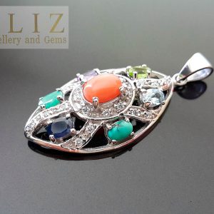 Eliz Sterling Silver 925 Large Pendant Genuine Pink Coral Turquoise Sapphire Blue Topaz Peridot Amethyst Emerald Exclusive Gift