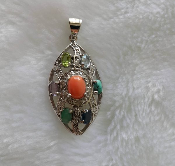 Eliz Sterling Silver 925 Large Pendant Genuine Pink Coral Turquoise Sapphire Blue Topaz Peridot Amethyst Emerald Exclusive Gift