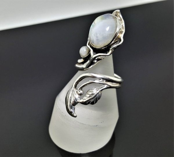 925 Sterling Silver FLower Genuine Moonstone Gemstone Unique Adjustable Ring