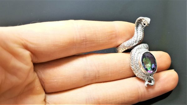 STERLING SILVER 925 Mystic Quartz Cobra Snake Ring Natural Gemstone Talisman Amulet