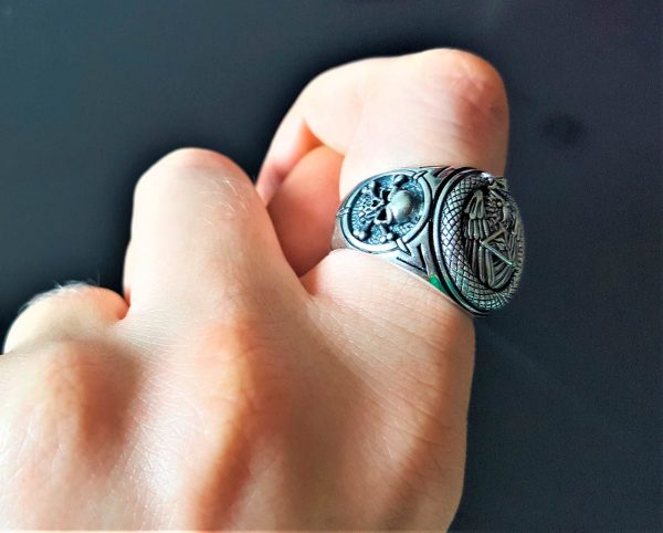 Eliz STERLING SILVER 925 Ouroboros Ring OWL Sacred Ancient Symbol Skull and bones All Seeing Eye Pyramid Snake Eating Tale Talisman Amulet