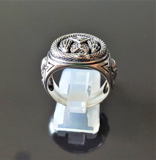 Eliz STERLING SILVER 925 Ouroboros Ring OWL Sacred Ancient Symbol Skull and bones All Seeing Eye Pyramid Snake Eating Tale Talisman Amulet