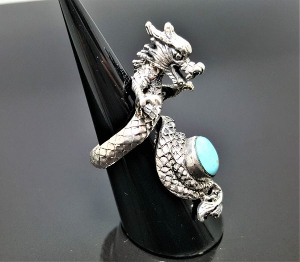 925 Sterling Silver Chinese Dragon Turquoise Gemstone Exclusive design Anceint Sacred Symbol Good Luck Talisman Amulet