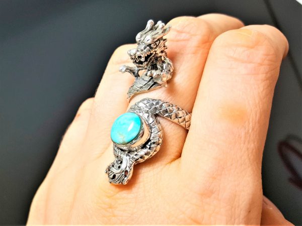 925 Sterling Silver Chinese Dragon Turquoise Gemstone Exclusive design Anceint Sacred Symbol Good Luck Talisman Amulet