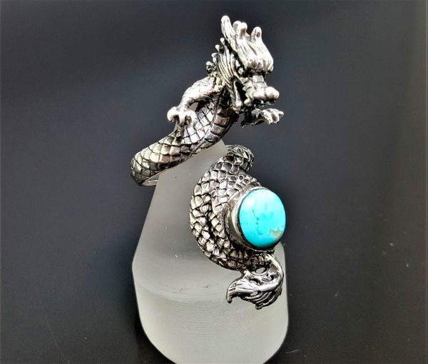 925 Sterling Silver Chinese Dragon Turquoise Gemstone Exclusive design Anceint Sacred Symbol Good Luck Talisman Amulet