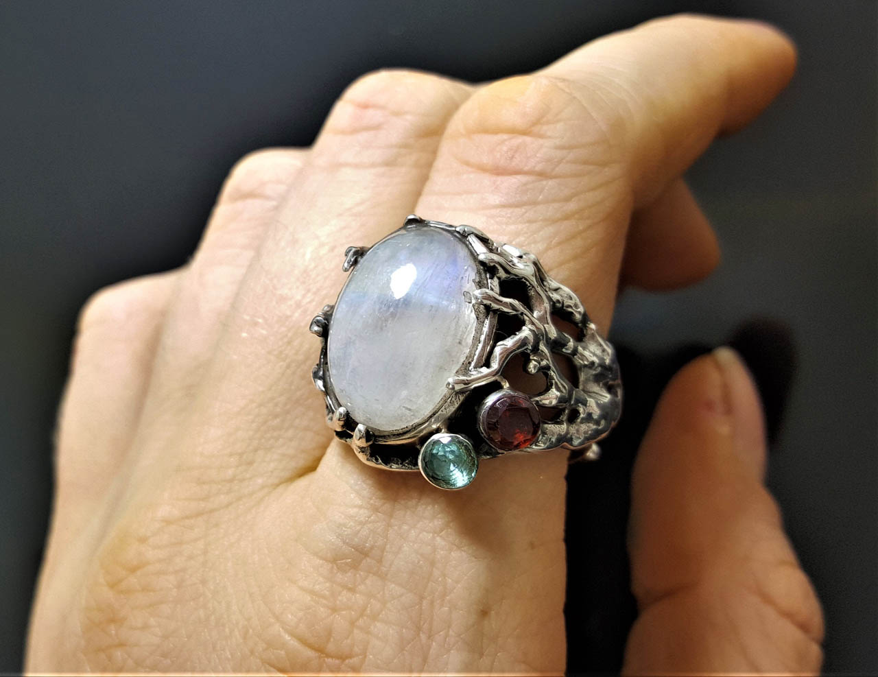 STERLING SILVER 925 Natural Moonstone Ring Genuine Garnet ...