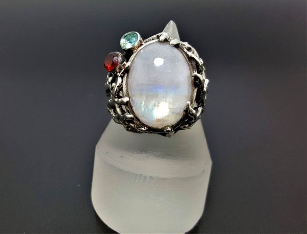 STERLING SILVER 925 Natural Moonstone Ring Genuine Garnet Blue Topaz Gemstone Handmade Adjustable