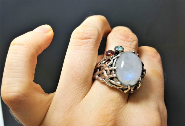 STERLING SILVER 925 Natural Moonstone Ring Genuine Garnet Blue Topaz Gemstone Handmade Adjustable
