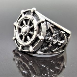 Ship Wheel & Anchor Nautical Ring 925 Sterling Silver Ship Steering Wheel Sailor Sea Talisman Amulet