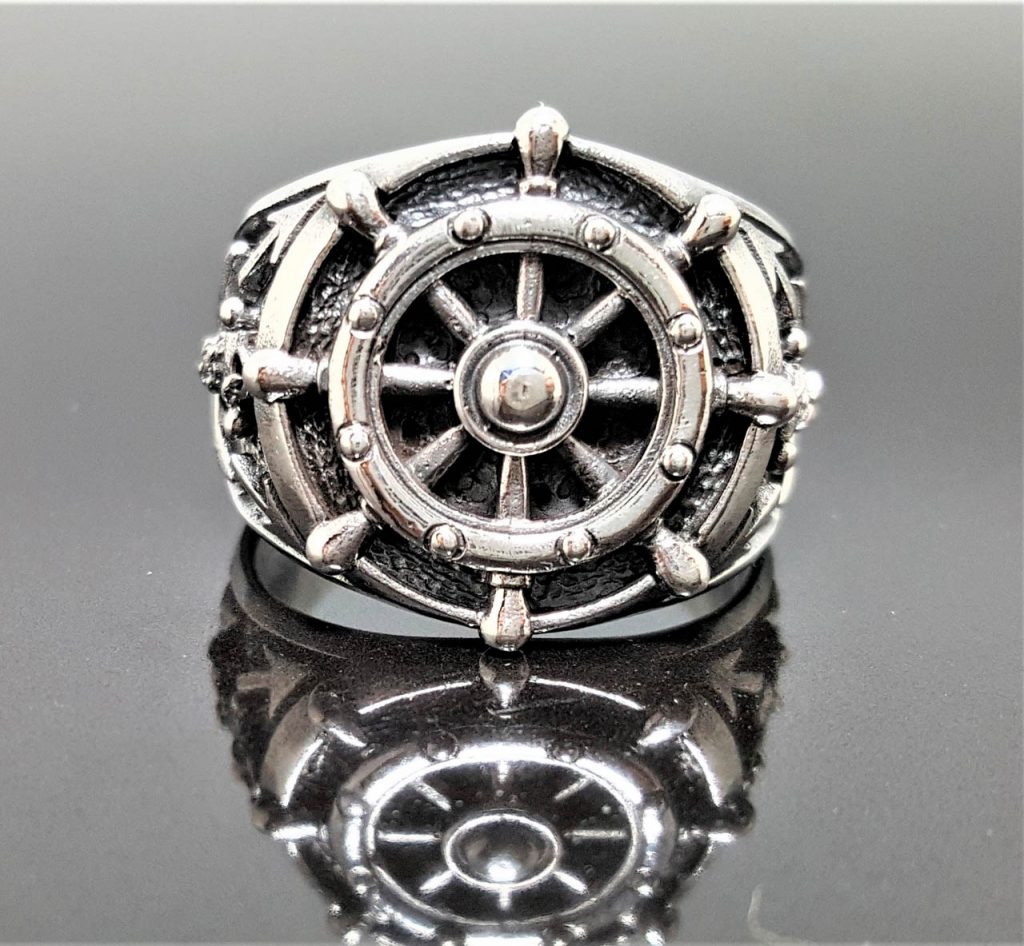 Ship Wheel & Anchor Nautical Ring 925 Sterling Silver Ship Steering