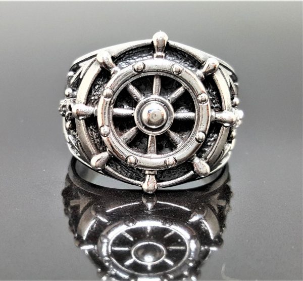 Ship Wheel & Anchor Nautical Ring 925 Sterling Silver Ship Steering Wheel Sailor Sea Talisman Amulet