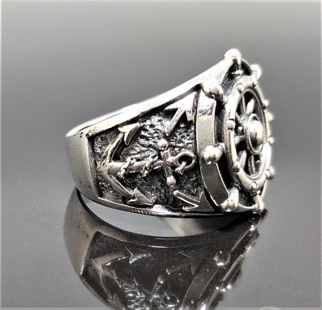 Ship Wheel & Anchor Nautical Ring 925 Sterling Silver Ship Steering