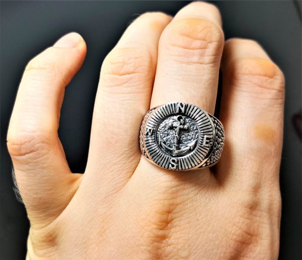 925 Sterling Silver ANCHOR Compass Mariners Cross Ring Sailor Sea Talisman Amulet ELIZ