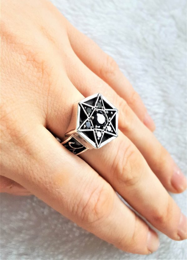 Eliz 925 Sterling Silver Star Black Onyx Pentagram Sorcerer's Magic Talisman Amulet Sacred Symbol Ritual Ring