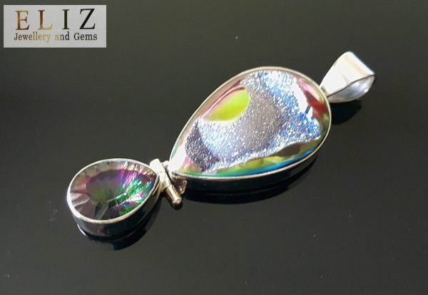 Eliz STERLING SILVER 925 Titanium Aura Druzy Agate Pendant with Mystic Quartz 19 grams Talisman Amulet