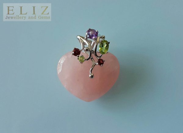 925 Sterling Silver Natural Rose Quartz Heart/Love Pendant Genuine Precious Peridot Garnet Amethyst Exclusive Gift Talisman Amulet
