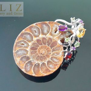 Eliz Natural Druzy Ammonite Fossil Gemstones Amethyst Garnet Peridot Citrine Pendant Sterling Silver Huge Talisman Amulet