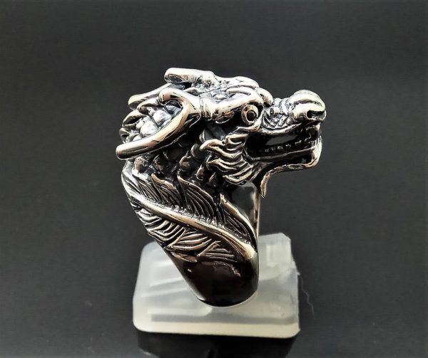 925 Sterling Silver Chinese Dragon Black Onyx Eyes Exclusive design Anceint Sacred Symbol Good Luck Talisman Amulet Large Heavy 28 grams