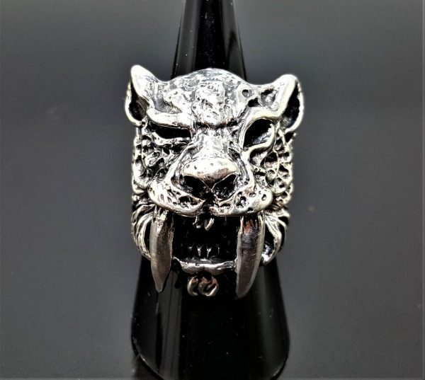 STERLING SILVER 925 Tiger Ring Saber-Toothed Tiger Fangs Big Cat Large Heavy 30 grams