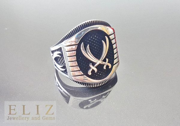 Eliz Solid Sterling Silver 925 Ring Men's Two Swords Engraving Arabic Turkish Oxidized Silver Exclusive Design Talisman Amulet