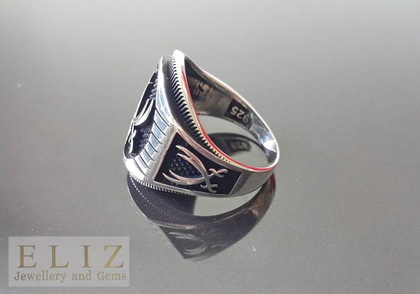 Eliz Solid Sterling Silver 925 Ring Men's Two Swords Engraving Arabic Turkish Oxidized Silver Exclusive Design Talisman Amulet
