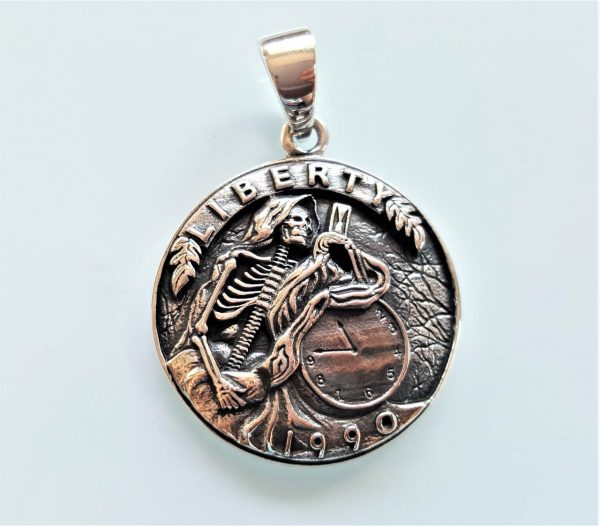 Eliz STERLING SILVER 925 Skull Skeleton Time Liberty Coin 1990 Symbol of Death Biker Rocker Exclusive Design Heavy 18 grams