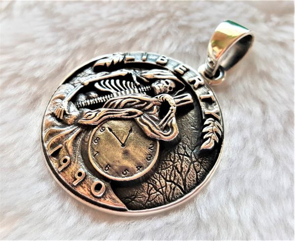 Eliz STERLING SILVER 925 Skull Skeleton Time Liberty Coin 1990 Symbol of Death Biker Rocker Exclusive Design Heavy 18 grams