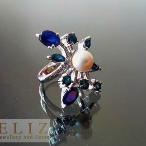 Genuine Perfect Precious Sapphire Natural Pearl STERLING SILVER 925 Unique Design Ring Size 7.5&8.5