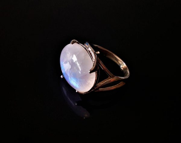 Eliz Sterling Silver 925 Ring Moonstone Cabochon Cut Gemstone Genuine Mother Nature Beauty Rainbow Moonstone