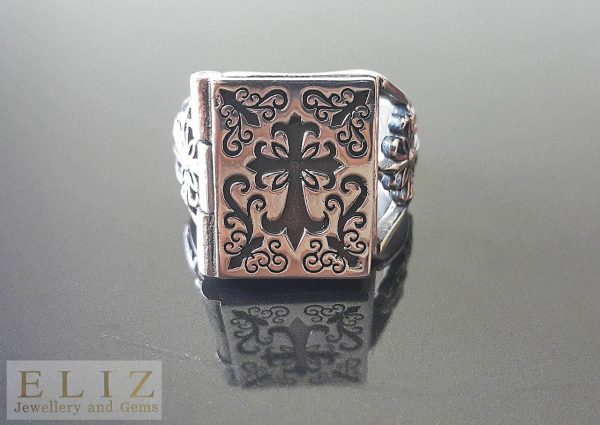 Eliz 925 Sterling Silver Holy Book Gothic Cross Poison Locket Ring Hidden Secret Compartment  Amulet Exclusive Design Ring 15 grams