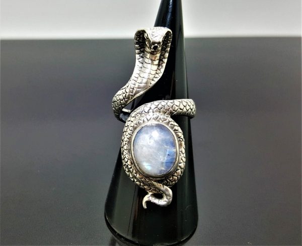 STERLING SILVER 925 Moonstone Cobra Snake Ring Natural Gemstone Talisman Amulet