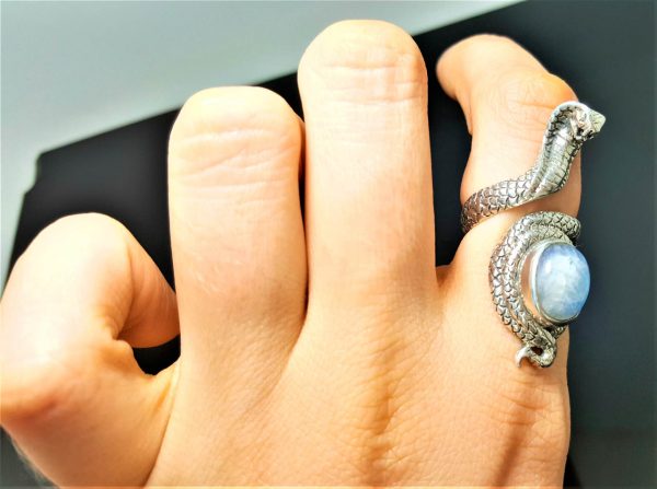 STERLING SILVER 925 Moonstone Cobra Snake Ring Natural Gemstone Talisman Amulet