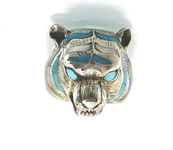 Eliz. 925 Sterling Silver Siberian White Tiger Turquoise Mother of Pearl   Ring
