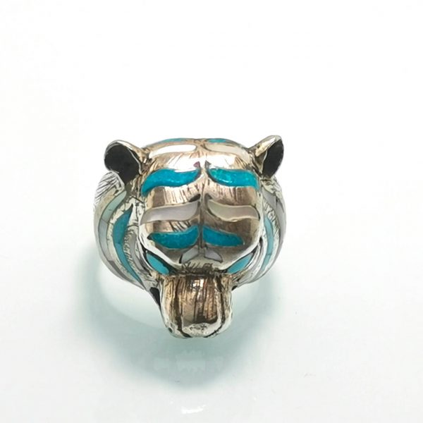 Eliz. 925 Sterling Silver Siberian White Tiger Turquoise Mother of Pearl   Ring