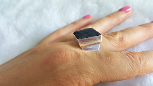 Eliz Sterling Silver ENERGY CRYSTAL Natural Volcanic Lava Stone RING Essential Oil Diffuser Square Shape