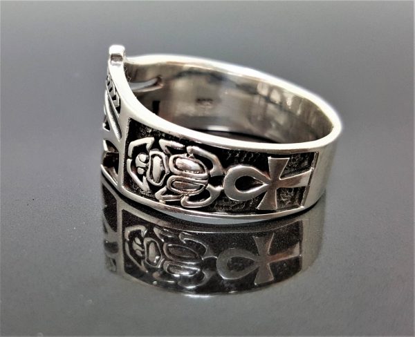 STERLING SILVER 925 Eye of Horus Ring Ancient Egyptian Symbols of Life Ankh Scarab Sacred Talisman