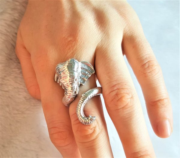 Eliz STERLING SILVER 925 Elephant Ring Exclusive Unique Design Large Elephant Talisman Adjustable